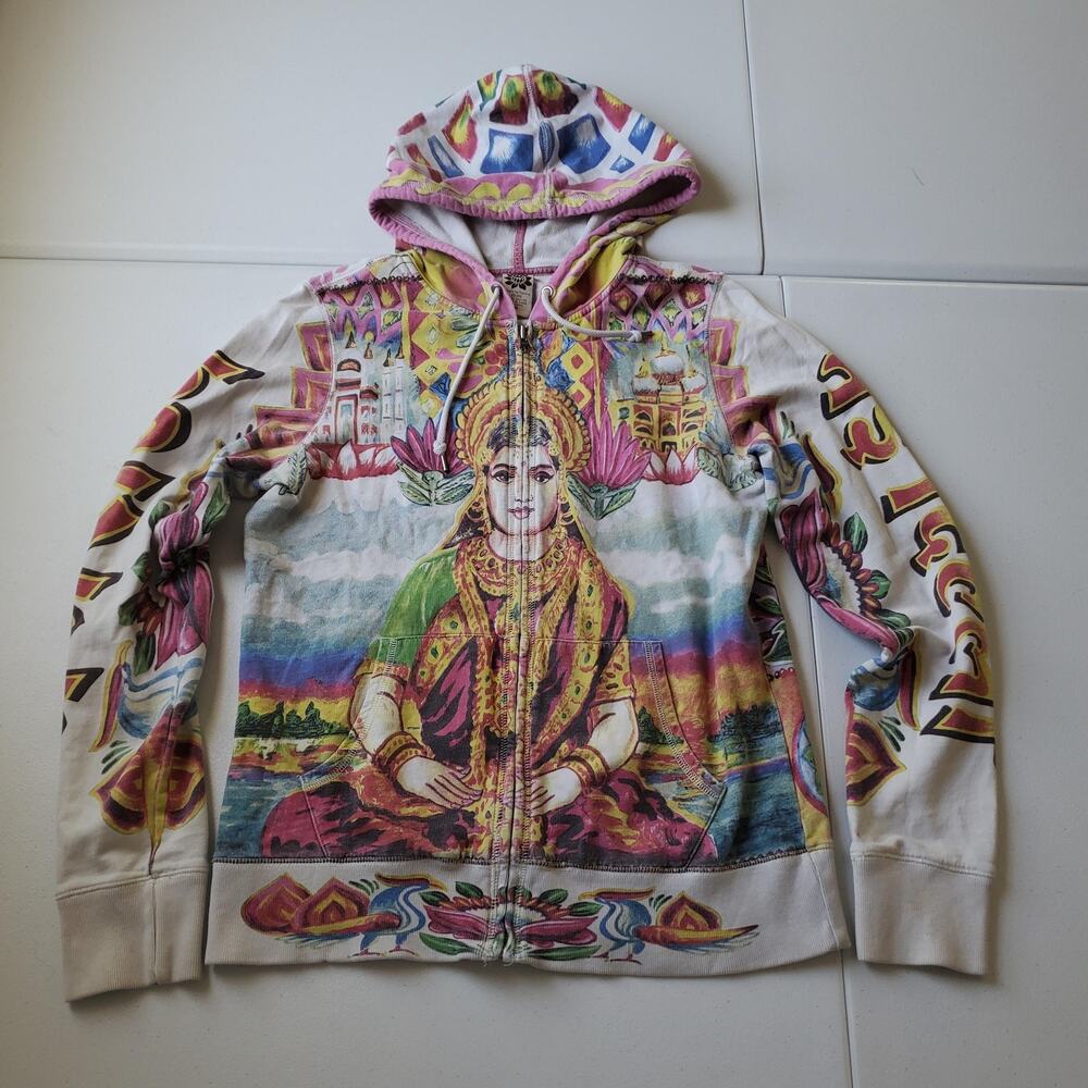 Y2K Lucky Brand Hoodie Womens Medium Multicolor Goddess Graphic Full Zip Boho